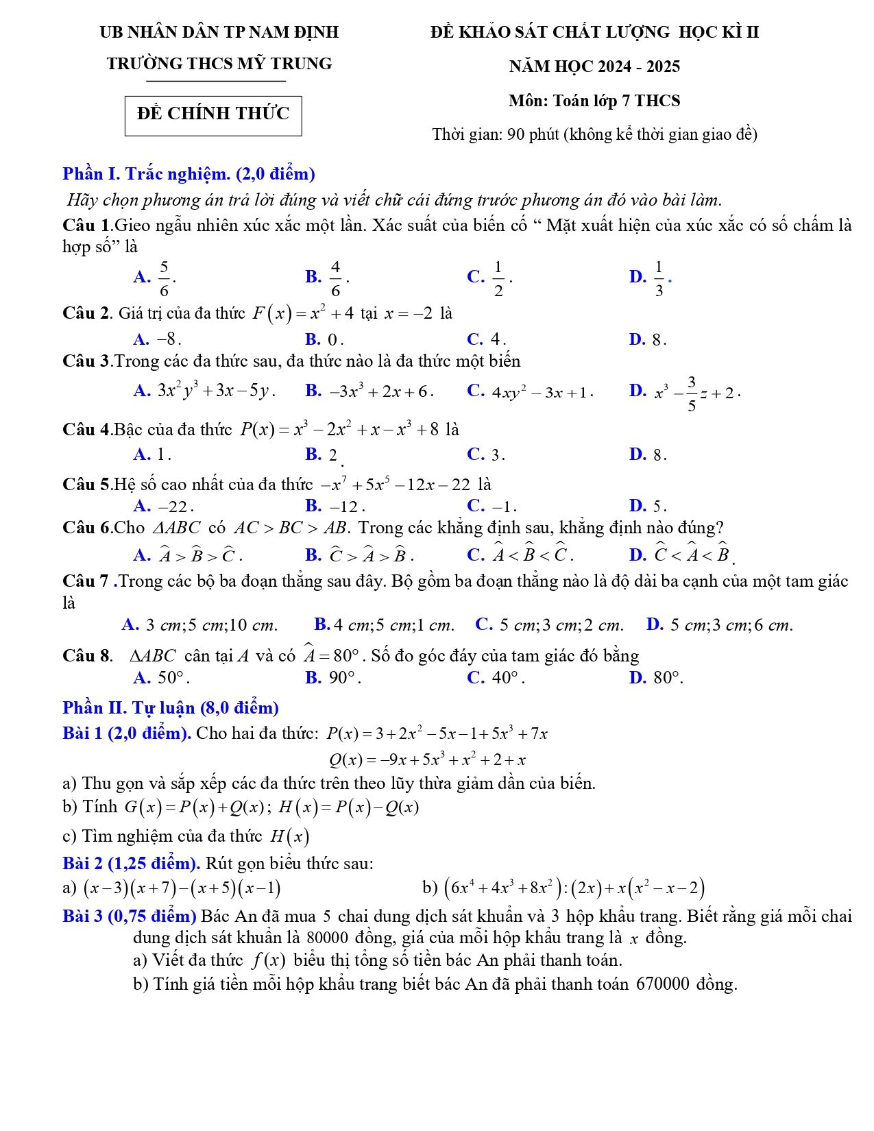 Đề thi Học kì 2 Toán 7 trường THCS Mỹ Trung (Nam Định) năm 2024–2025