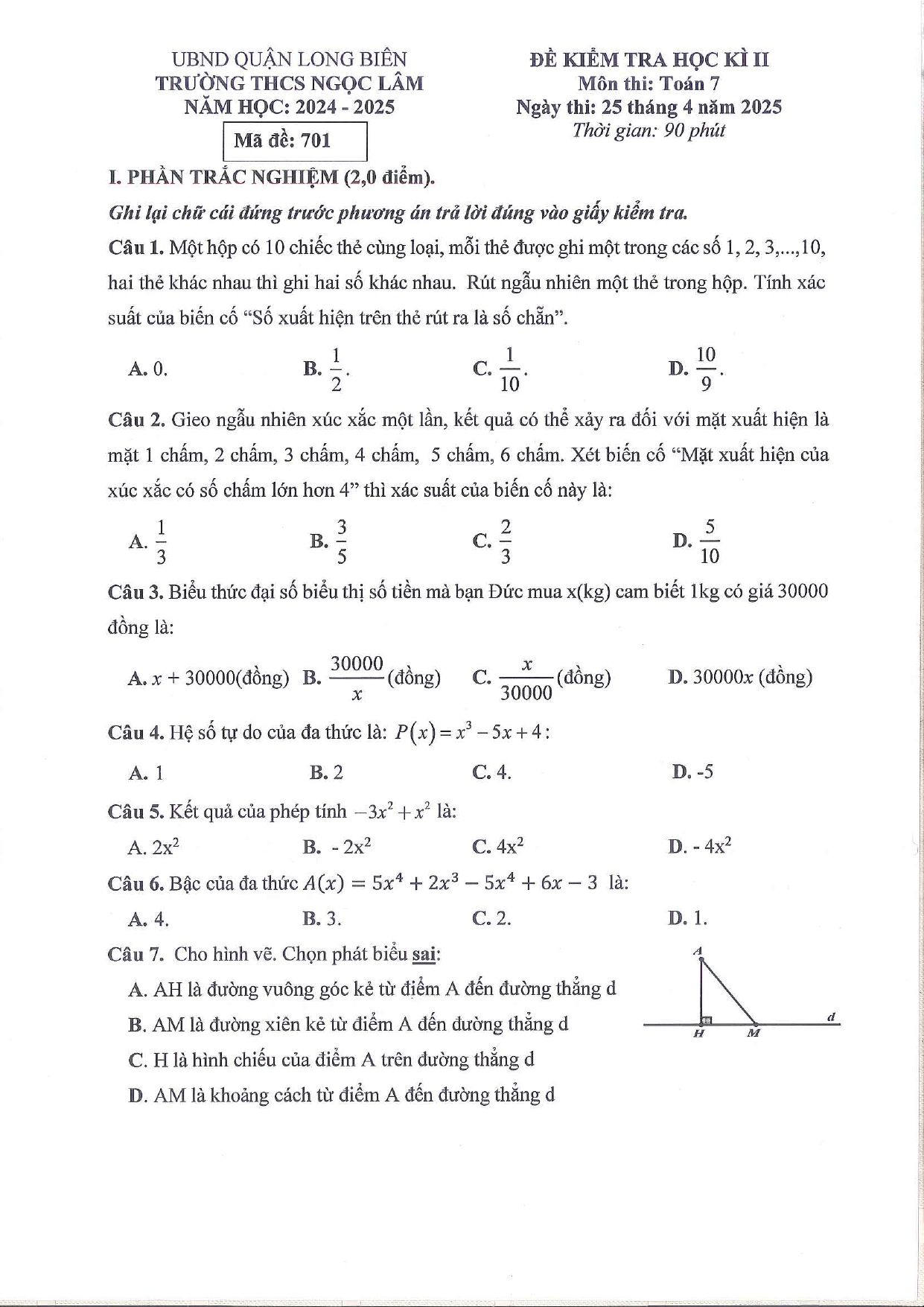 Đề thi Học kì 2 Toán 7 trường THCS Ngọc Lâm (Hà Nội) năm 2024–2025