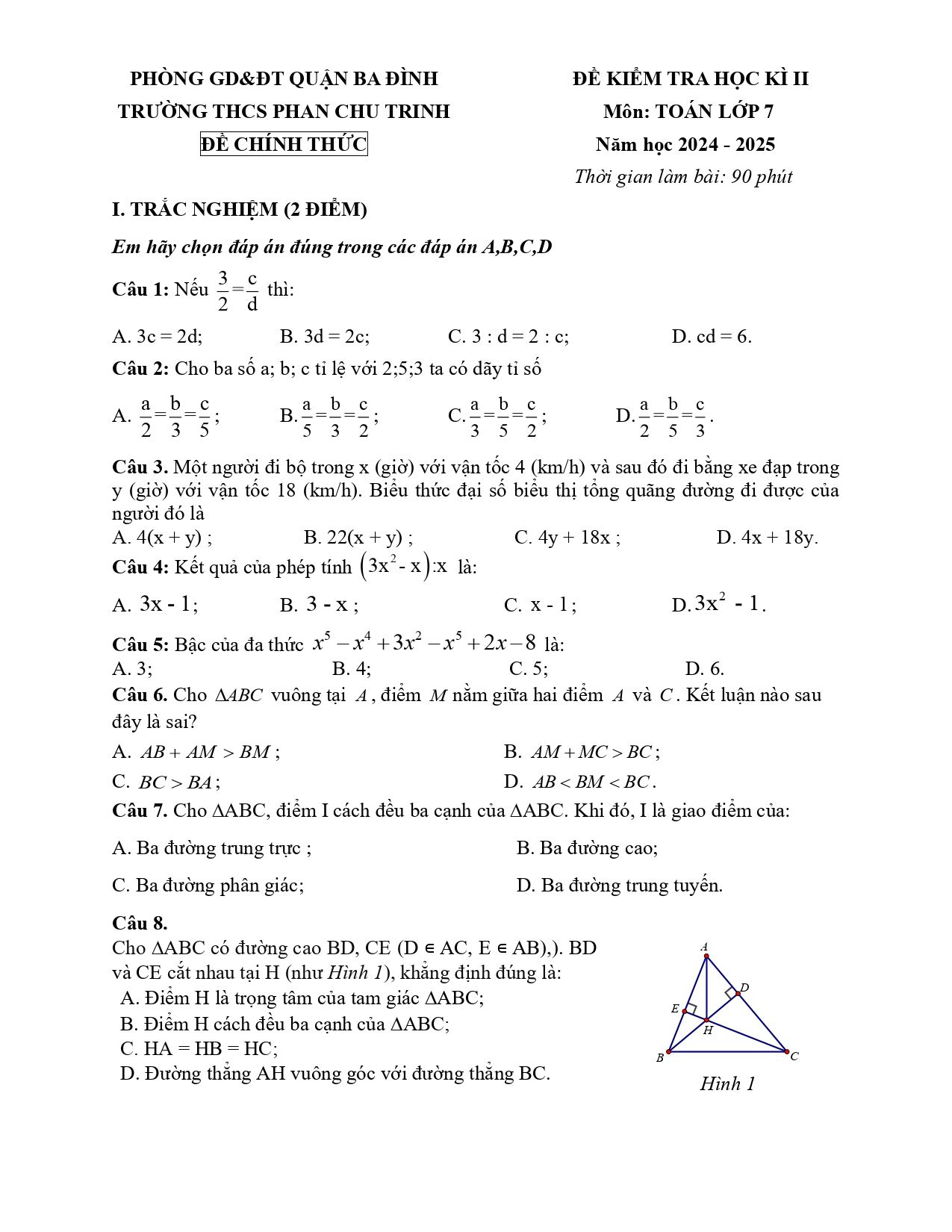Đề thi Học kì 2 Toán 7 trường THCS Phan Chu Trinh (Hà Nội) năm 2024–2025