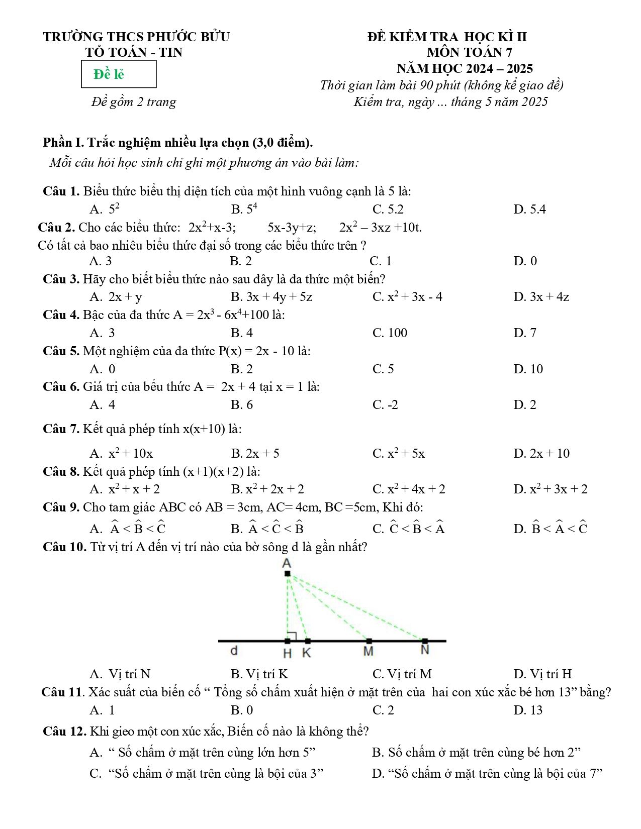 Đề thi Học kì 2 Toán 7 trường THCS Phước Bửu (Bà Rịa - Vũng Tàu) năm 2024–2025