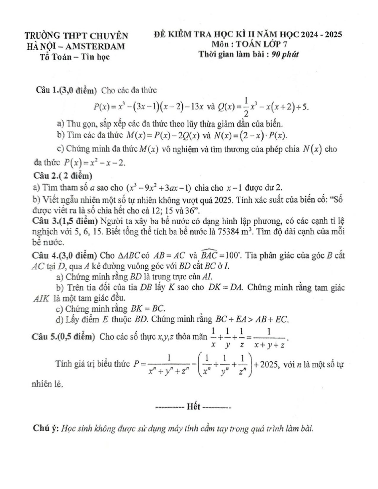 Đề thi Học kì 2 Toán 7 trường THPT chuyên Hà Nội - Amsterdam năm 2024–2025