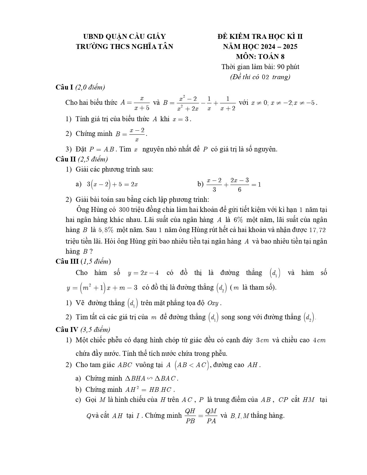Đề thi Học kì 2 Toán 8 trường THCS Nghĩa Tân (Hà Nội) năm 2024–2025
