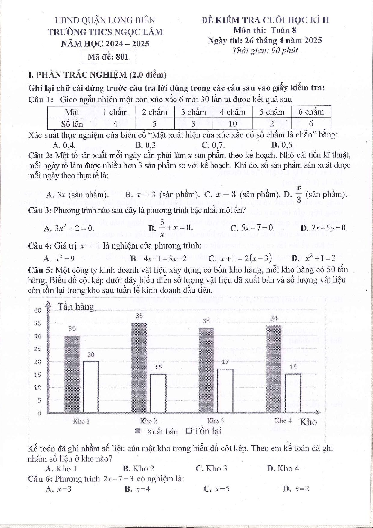 Đề thi Học kì 2 Toán 8 trường THCS Ngọc Lâm (Hà Nội) năm 2024–2025