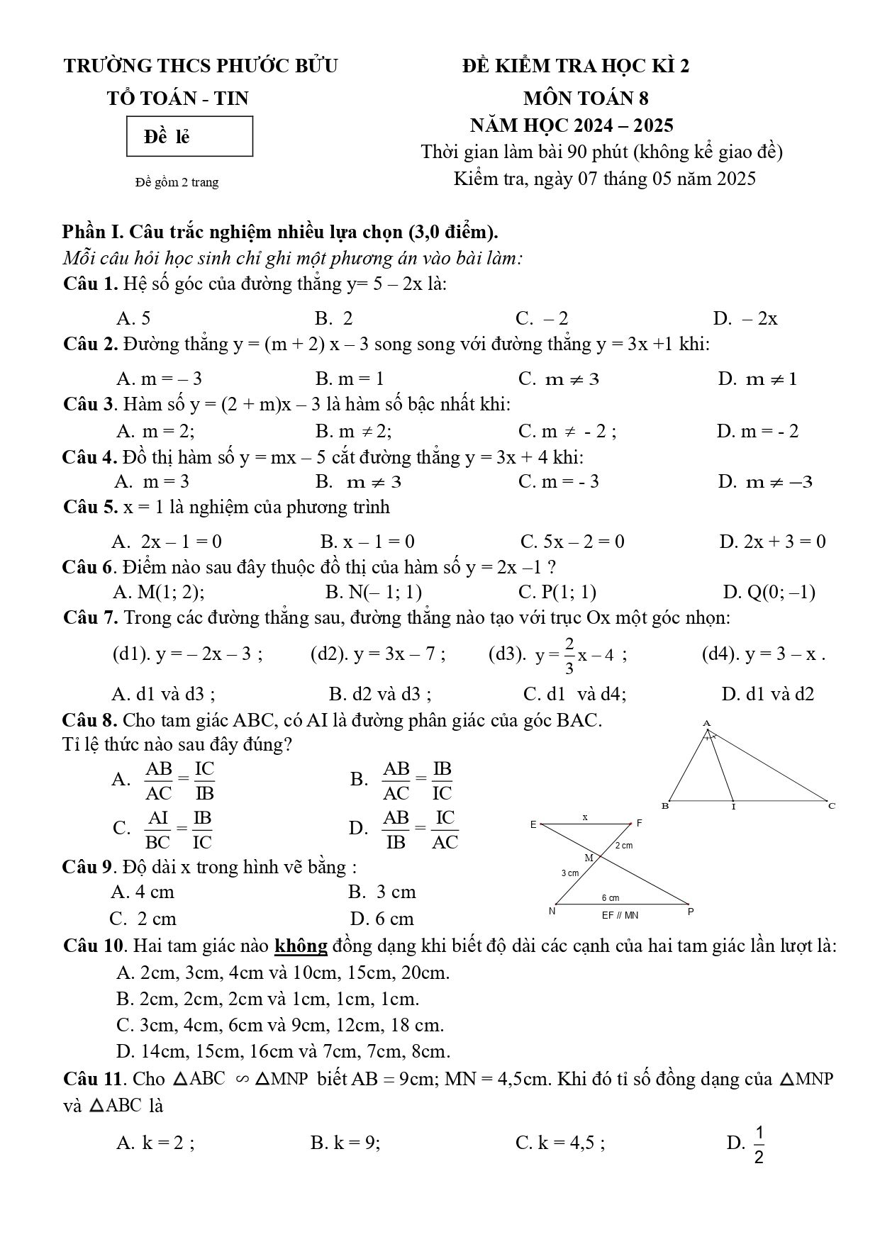Đề thi Học kì 2 Toán 8 trường THCS Phước Bửu (Bà Rịa- Vũng Tàu) năm 2024–2025