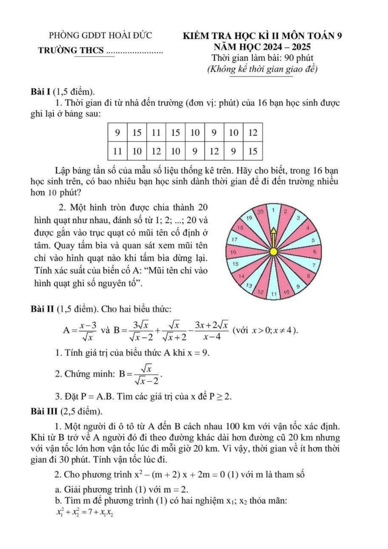 Đề thi Học kì 2 Toán 9 phòng GD&ĐT Hoài Đức (Hà Nội) năm 2024–2025