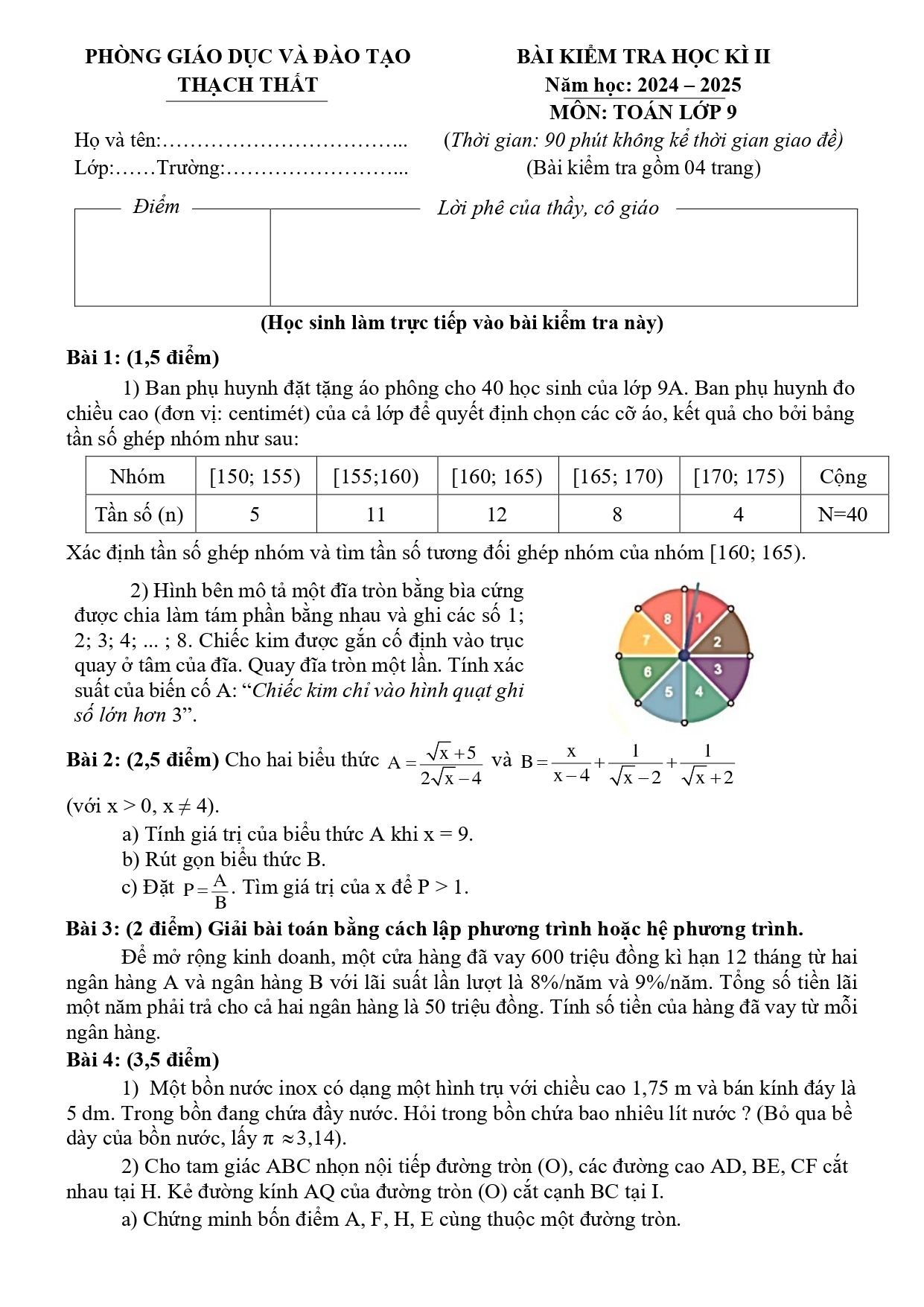 Đề thi Học kì 2 Toán 9 phòng GD&ĐT Thạch Thất (Hà Nội) năm 2024–2025