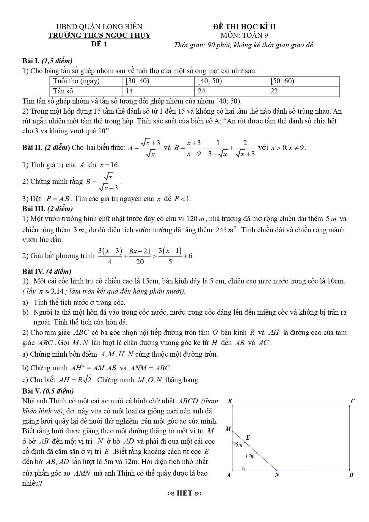 Đề thi Học kì 2 Toán 9 trường THCS Ngọc Thụy (Hà Nội) năm 2024–2025