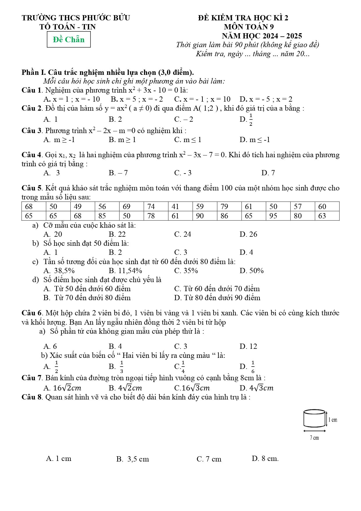 Đề thi Học kì 2 Toán 9 trường THCS Phước Bửu (Bà Rịa - Vũng Tàu) năm 2024–2025
