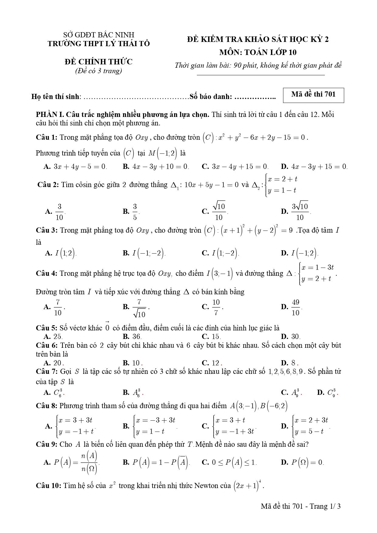 Đề thi Học kì 2 Toán 10 trường THPT Lý Thái Tổ (Bắc Ninh) năm 2024–2025