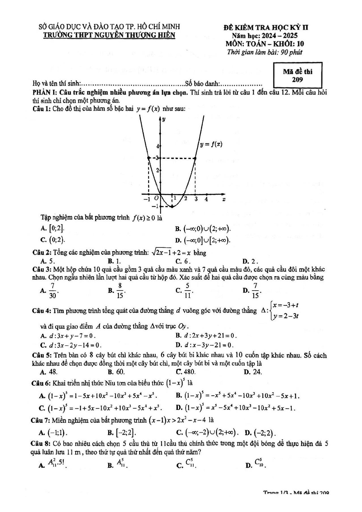 Đề thi Học kì 2 Toán 10 rường THPT Nguyễn Thượng Hiền (Hồ Chí Minh) năm 2024–2025