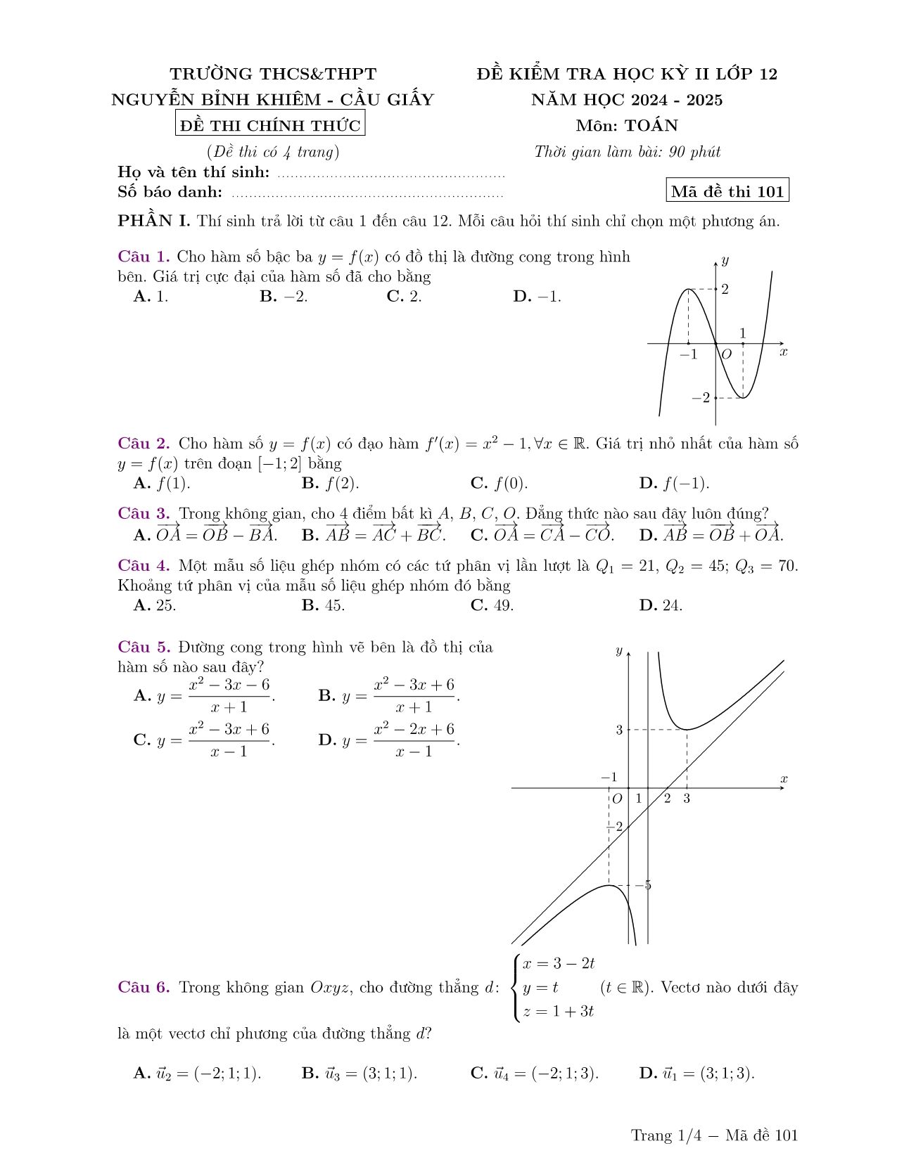 Đề thi Học kì 2 Toán 12 trường Nguyễn Bỉnh Khiêm (Hà Nội) năm 2024–2025