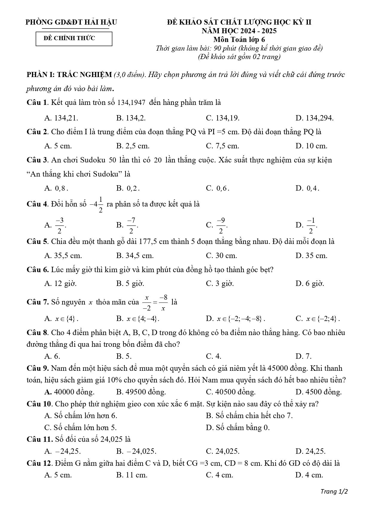 Đề thi Học kì 2 Toán 6 phòng GD&ĐT Hải Hậu (Nam Định) năm 2024–2025