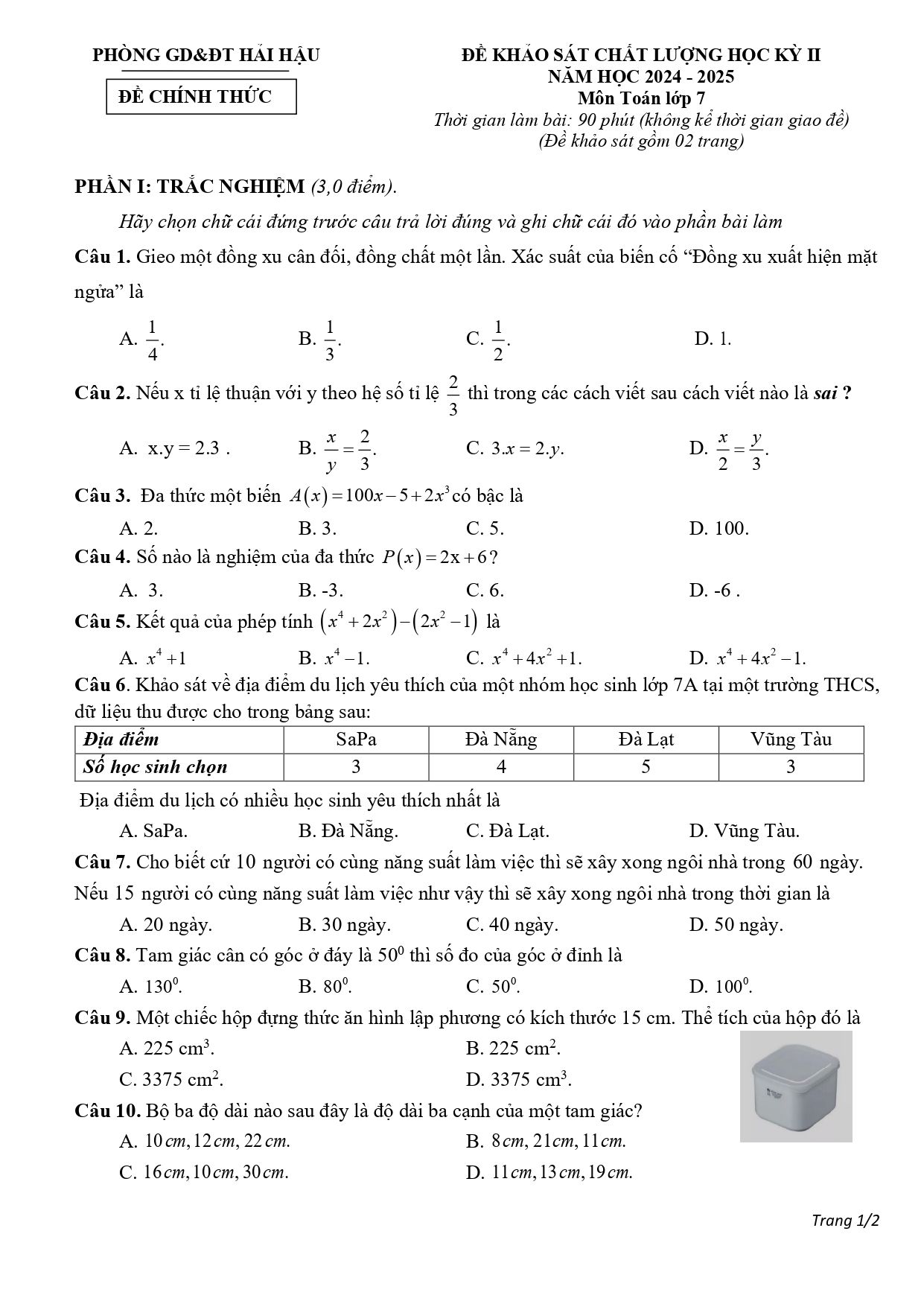 Đề thi Học kì 2 Toán 7 phòng GD&ĐT Hải Hậu (Nam Định) năm 2024–2025