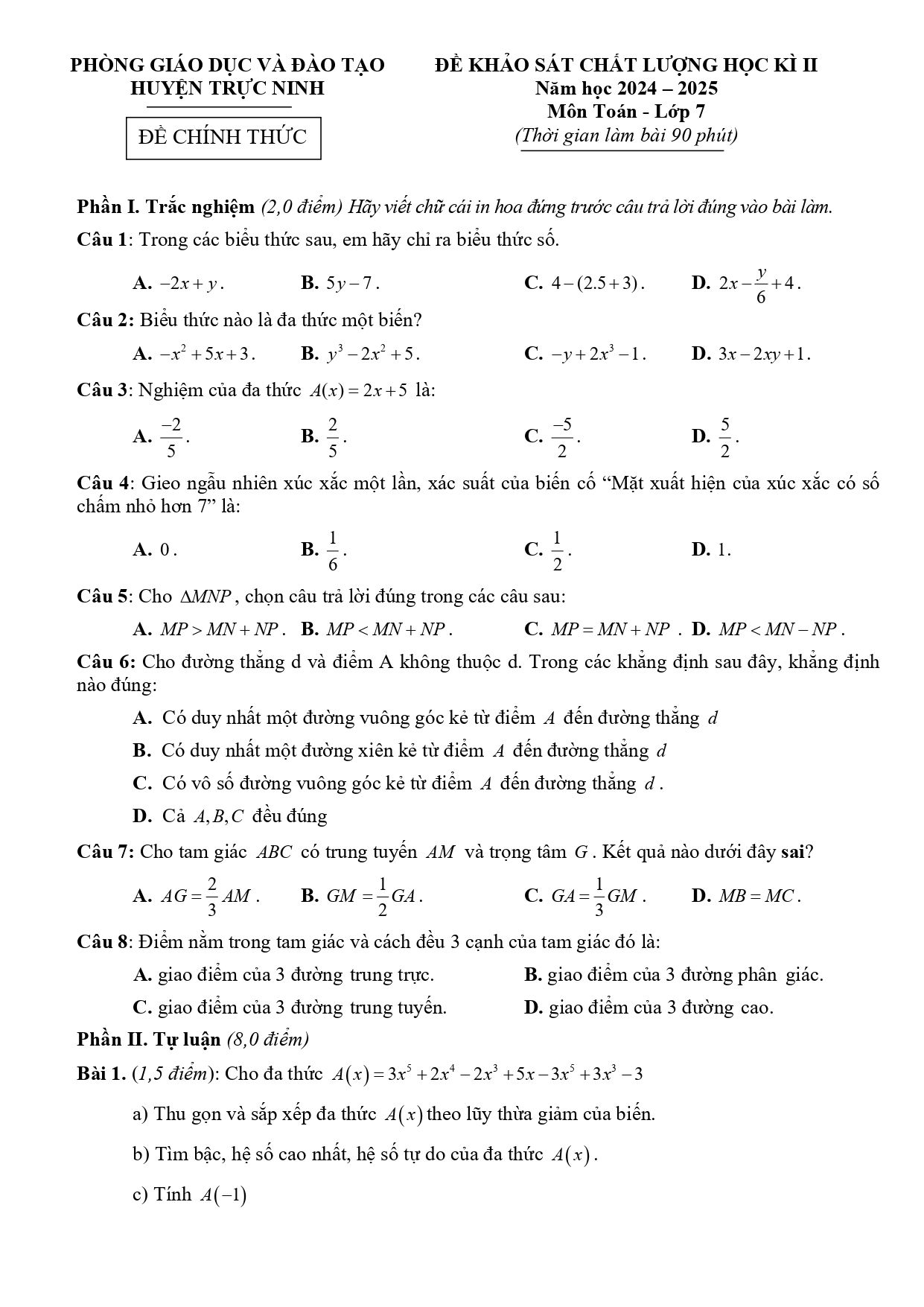Đề thi Học kì 2 Toán 7 phòng GD&ĐT Trực Ninh (Nam Định ) năm 2024–2025