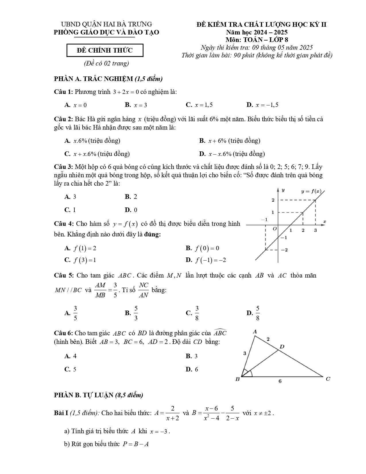 Đề thi Học kì 2 Toán 8 phòng GD&ĐT Hai Bà Trưng (Hà Nội) năm 2024–2025