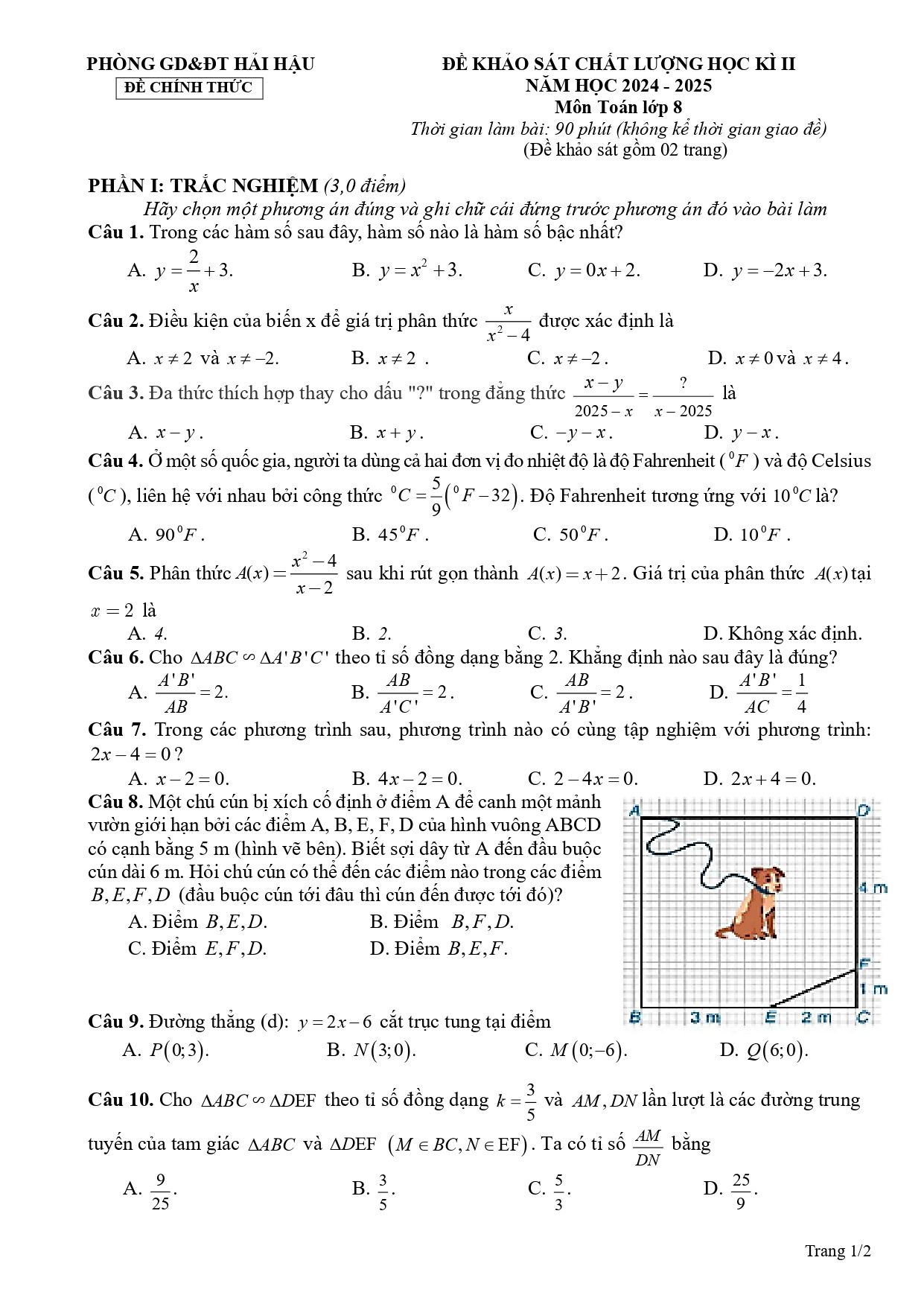 Đề thi Học kì 2 Toán 8 phòng GD&ĐT Hải Hậu (Nam Định) năm 2024–2025