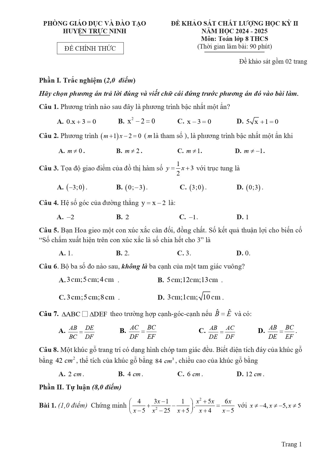 Đề thi Học kì 2 Toán 8 phòng GD&ĐT Trực Ninh (Nam Định) năm 2024–2025
