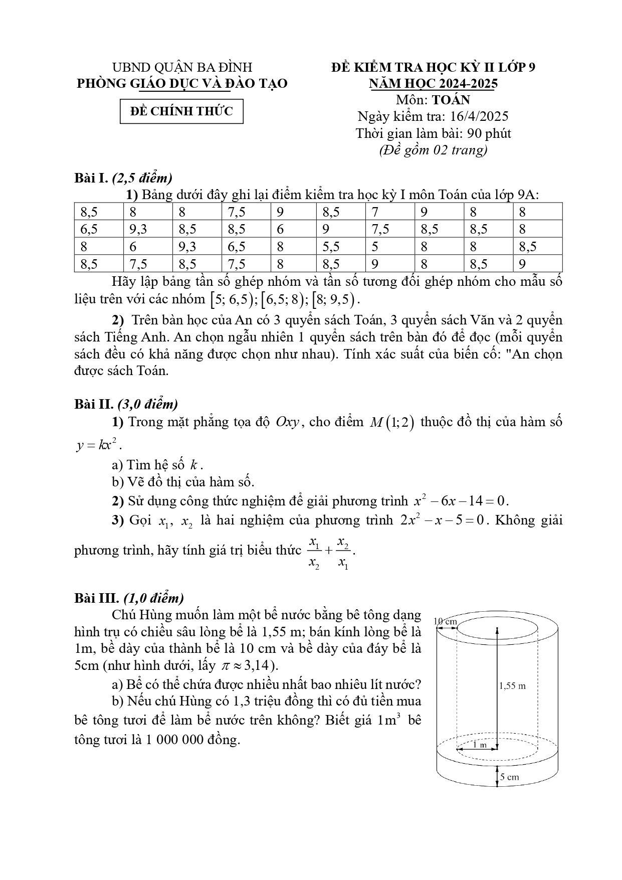 Đề thi Học kì 2 Toán 9 phòng GD&ĐT Ba Đình (Hà Nội) năm 2024–2025