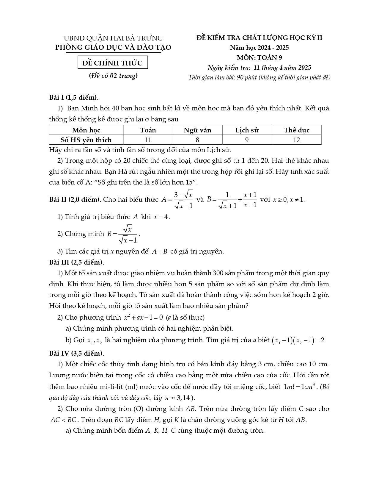 Đề thi Học kì 2 Toán 9 phòng GD&ĐT Hai Bà Trưng (Hà Nội) năm 2024–2025