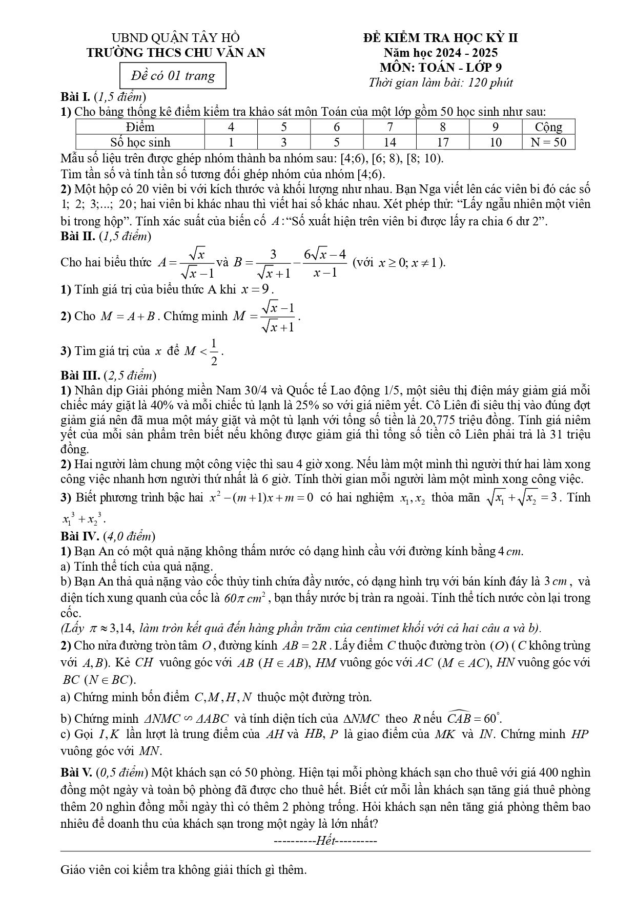 Đề thi Học kì 2 Toán 9 trường THCS Chu Văn An (Hà Nội) năm 2024–2025