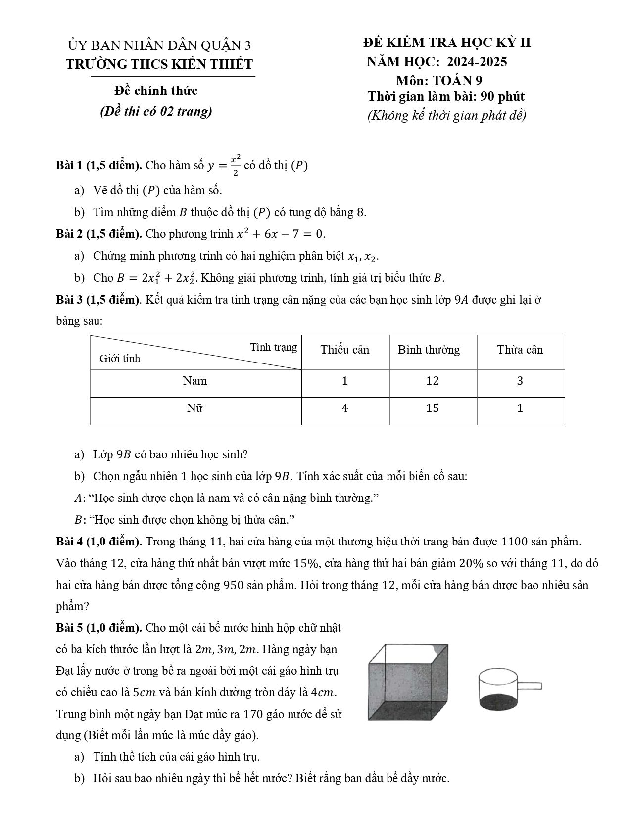 Đề thi Học kì 2 Toán 9 trường THCS Kiến Thiết (Hồ Chí Minh) năm 2024–2025