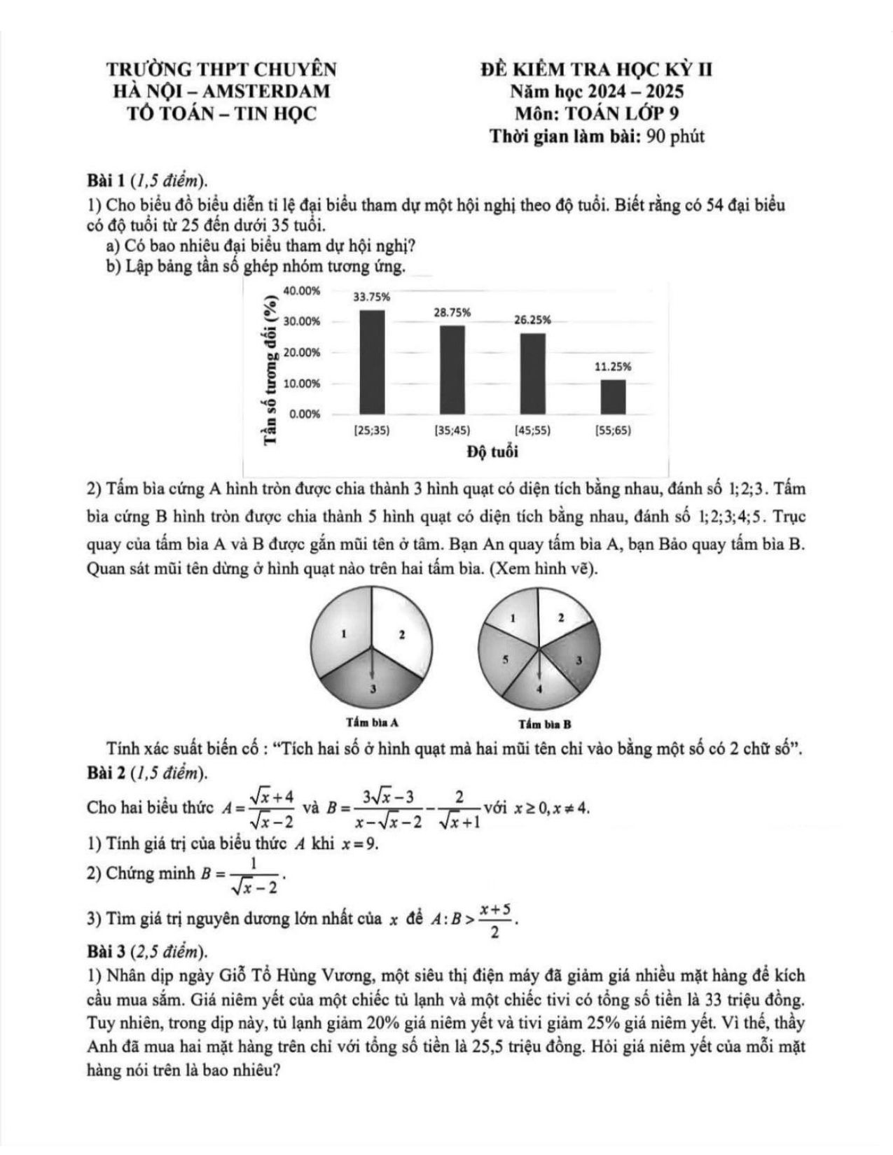 Đề thi Học kì 2 Toán 9 trường THPT chuyên Hà Nội – Amsterdam năm 2024–2025
