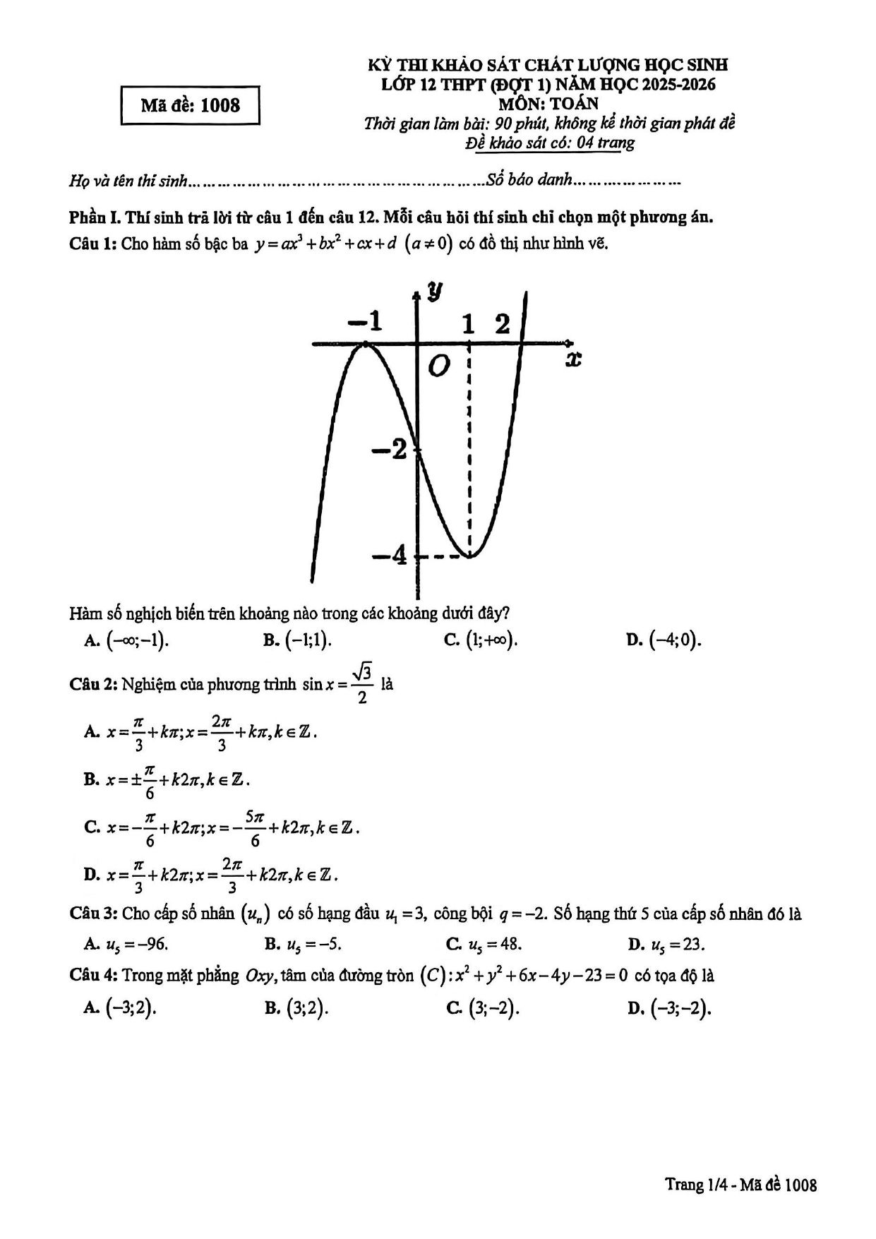 Đề thi thử Tốt nghiệp THPT Toán 2025-2026 sở GD&ĐT Phú Thọ