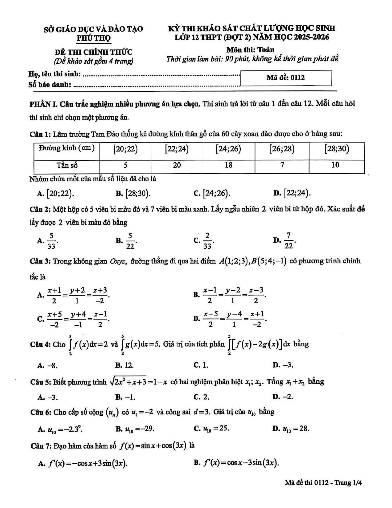 Đề thi thử Tốt nghiệp THPT Toán đợt 2 2025-2026 sở GD&ĐT Phú Thọ