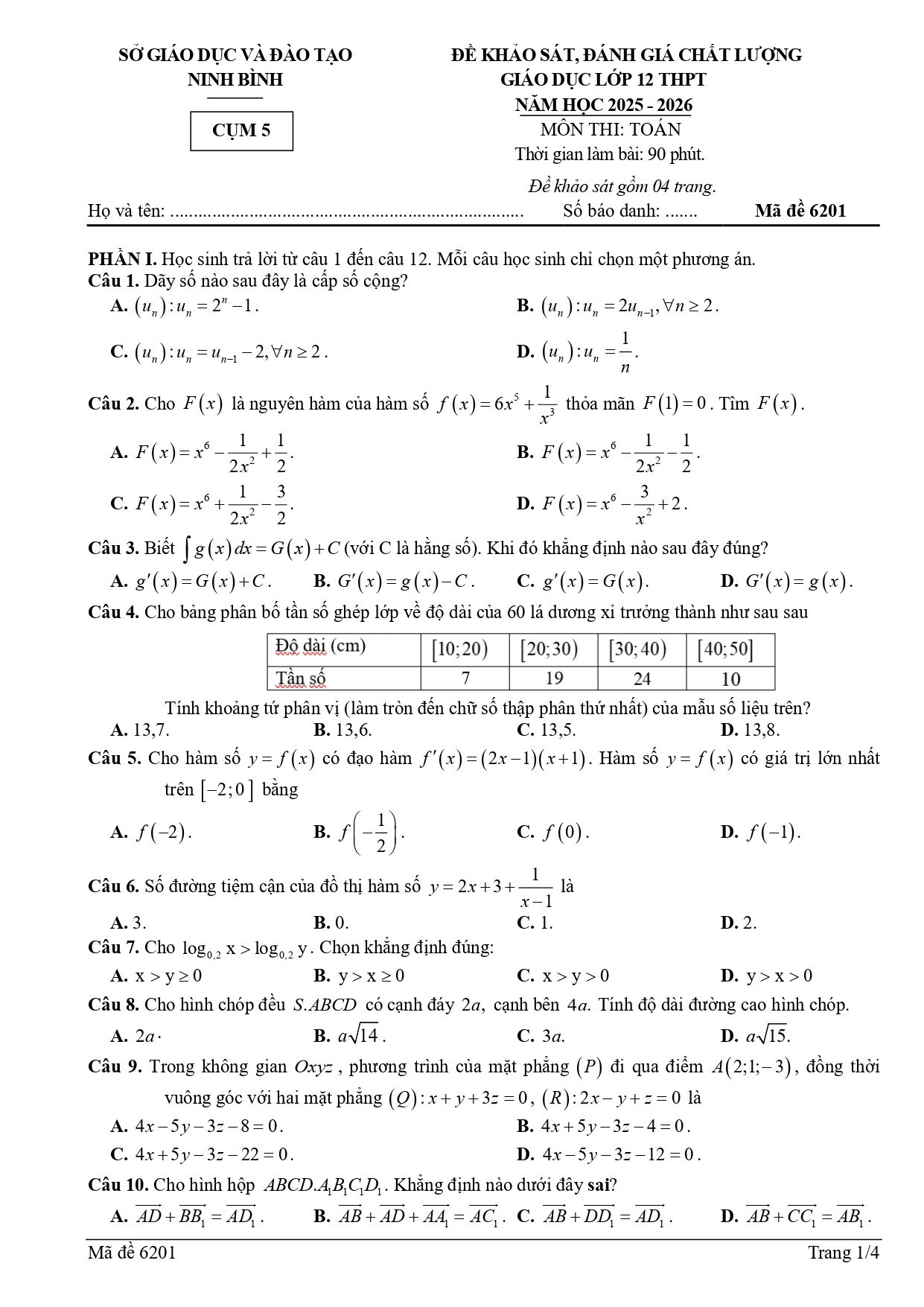 Đề thi thử Tốt nghiệp THPT Toán 2025-2026 cụm 5, sở Giáo dục và Đào tạo tỉnh Ninh Bình