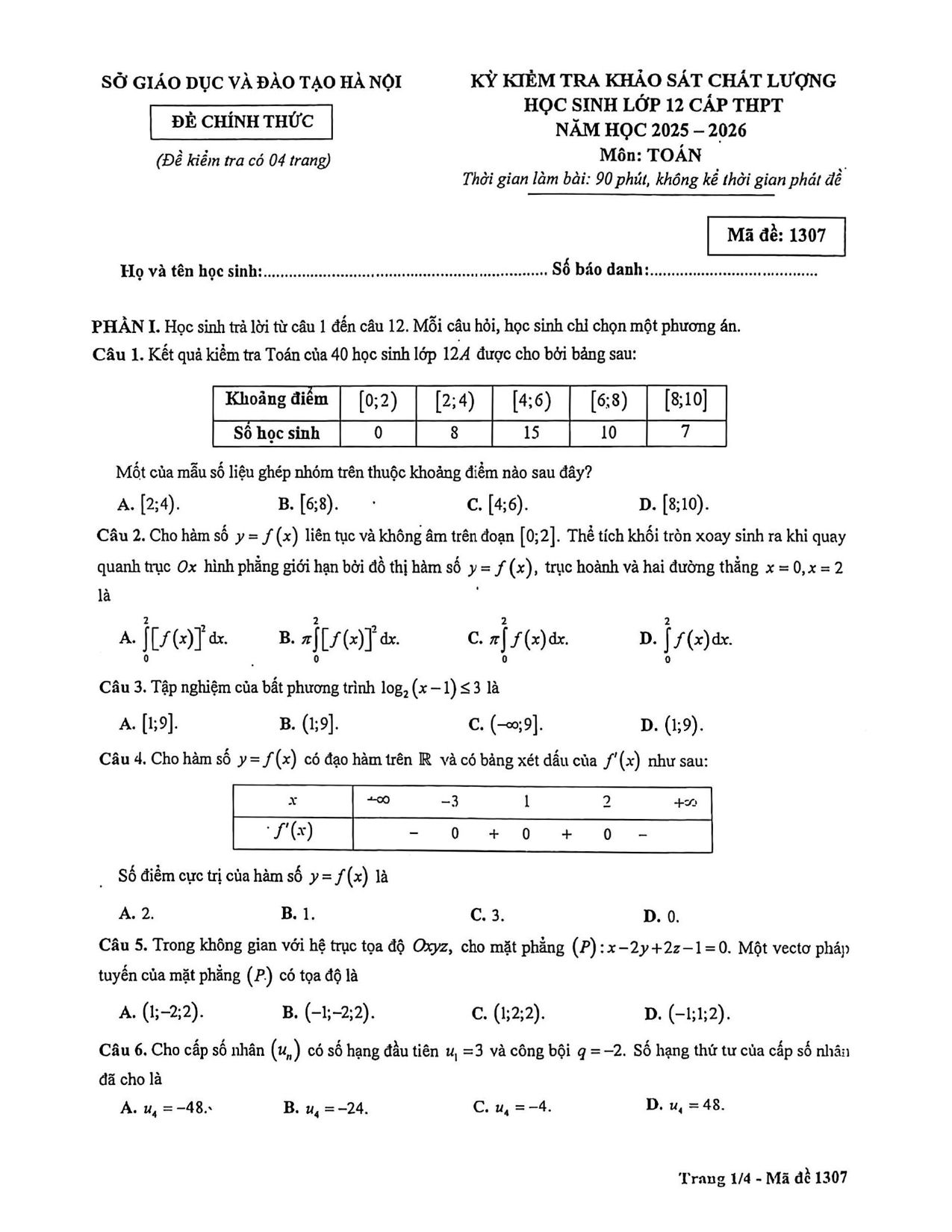 Đề thi thử Tốt nghiệp THPT Toán 2025-2026 sở GD&ĐT Hà Nội