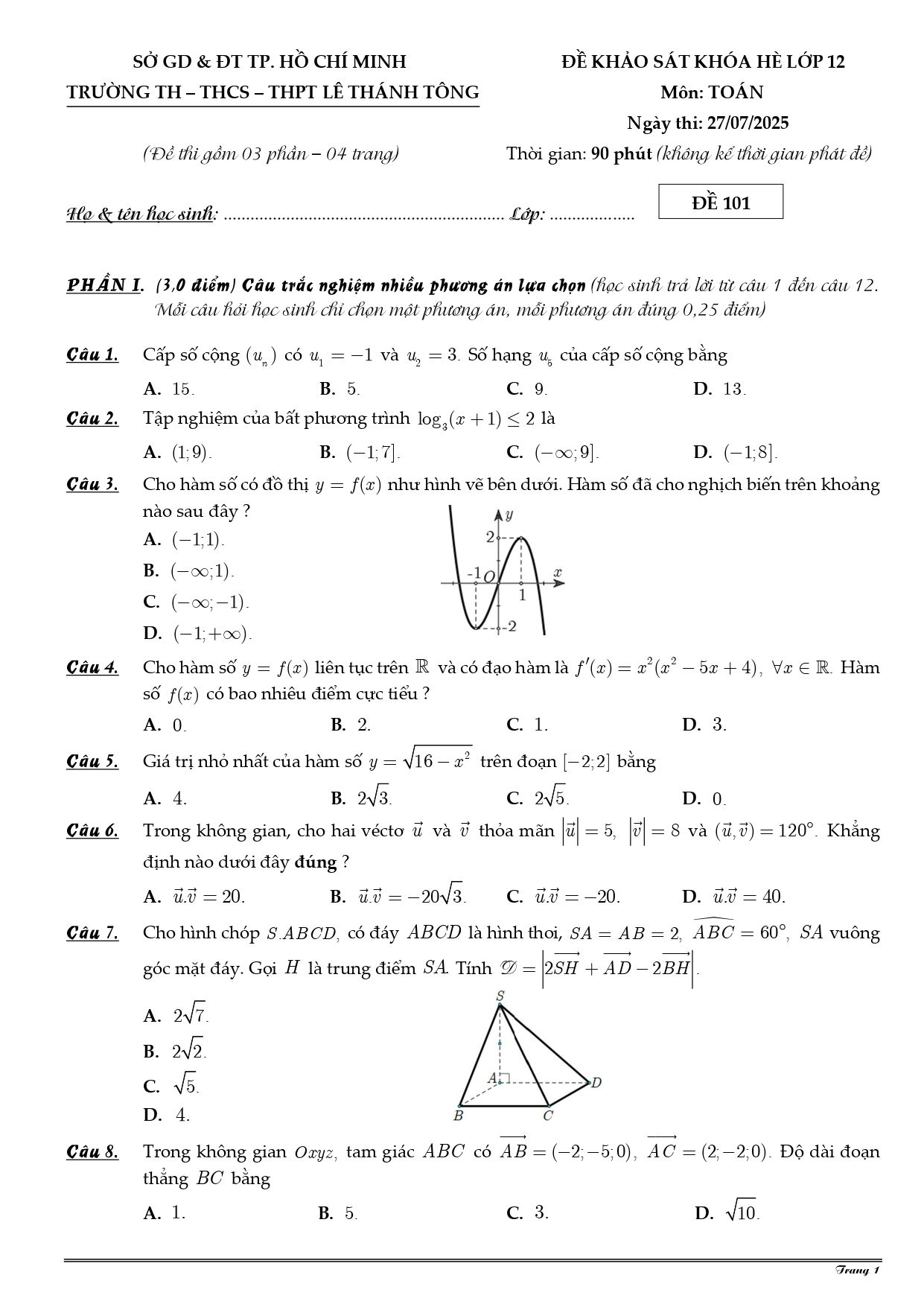 Đề thi thử Tốt nghiệp THPT Toán 2025-2026 trường Lê Thánh Tông (Hồ Chí Minh)