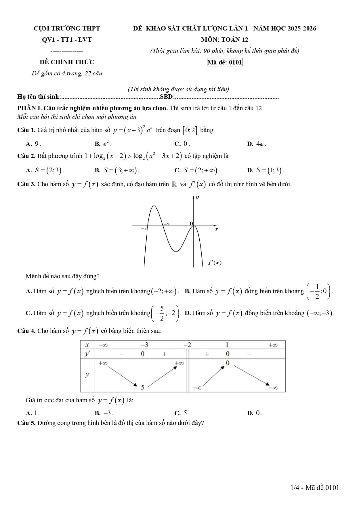Đề thi thử Tốt nghiệp THPT Toán 2025-2026 cụm trường THPT Quế Võ 1 – Thuận Thành 1 – Lê Văn Thịnh (Bắc Ninh)