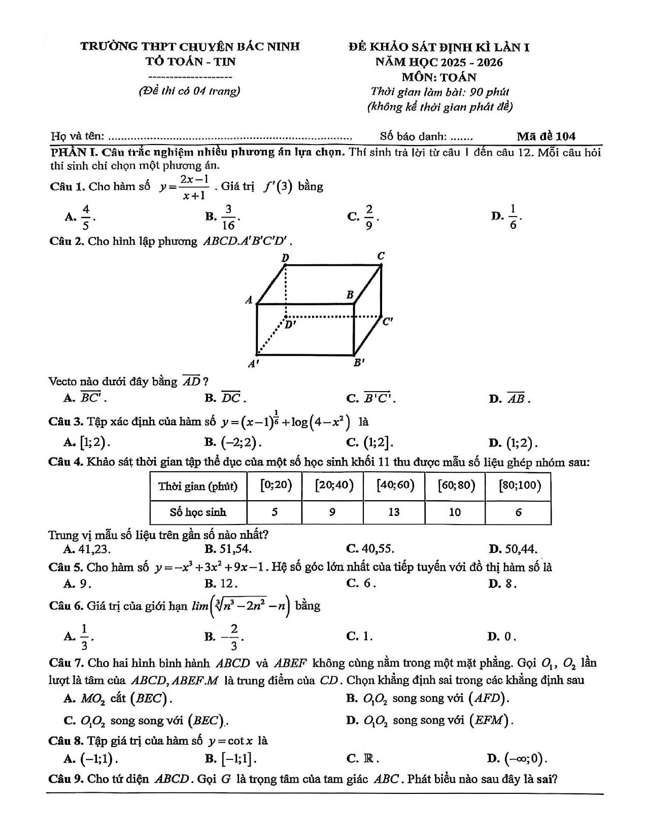 Đề thi thử Tốt nghiệp THPT Toán 2025-2026 trường THPT chuyên Bắc Ninh