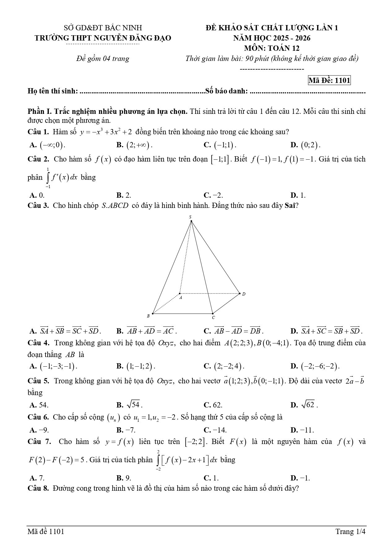 Đề thi thử Tốt nghiệp THPT Toán 2025-2026 trường THPT Nguyễn Đăng Đạo (Bắc Ninh)