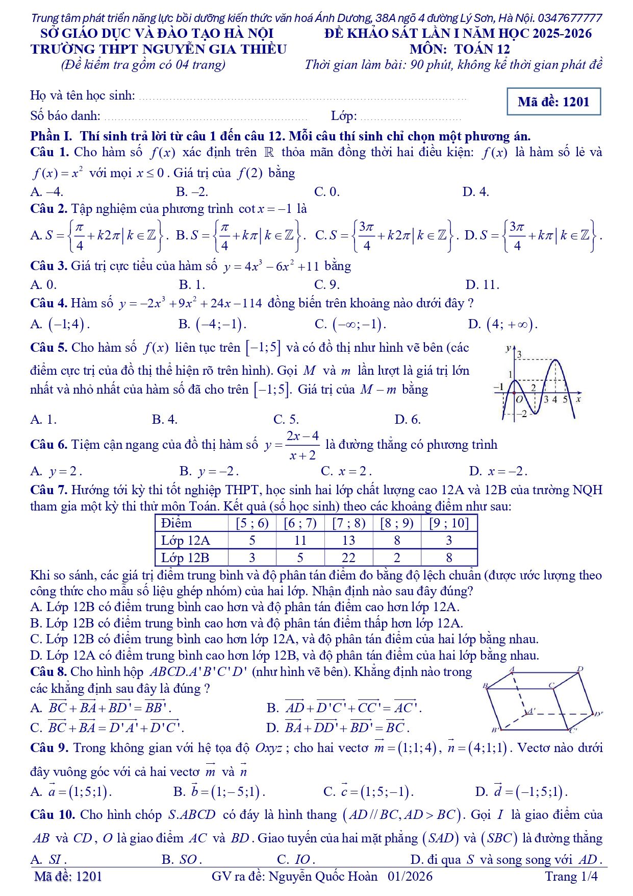 Đề thi thử Tốt nghiệp THPT Toán 2025-2026 trường THPT Nguyễn Gia Thiều (Hà Nội)