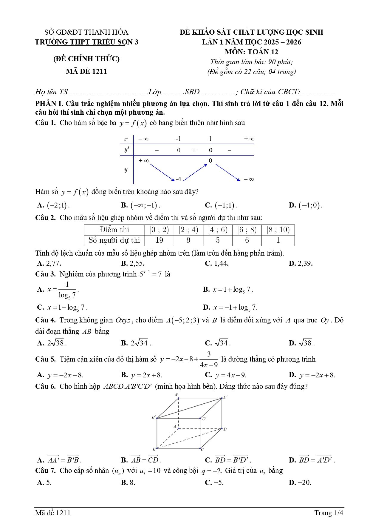 Đề thi thử Tốt nghiệp THPT Toán 2025-2026 trường THPT Triệu Sơn 3 (Thanh Hóa)