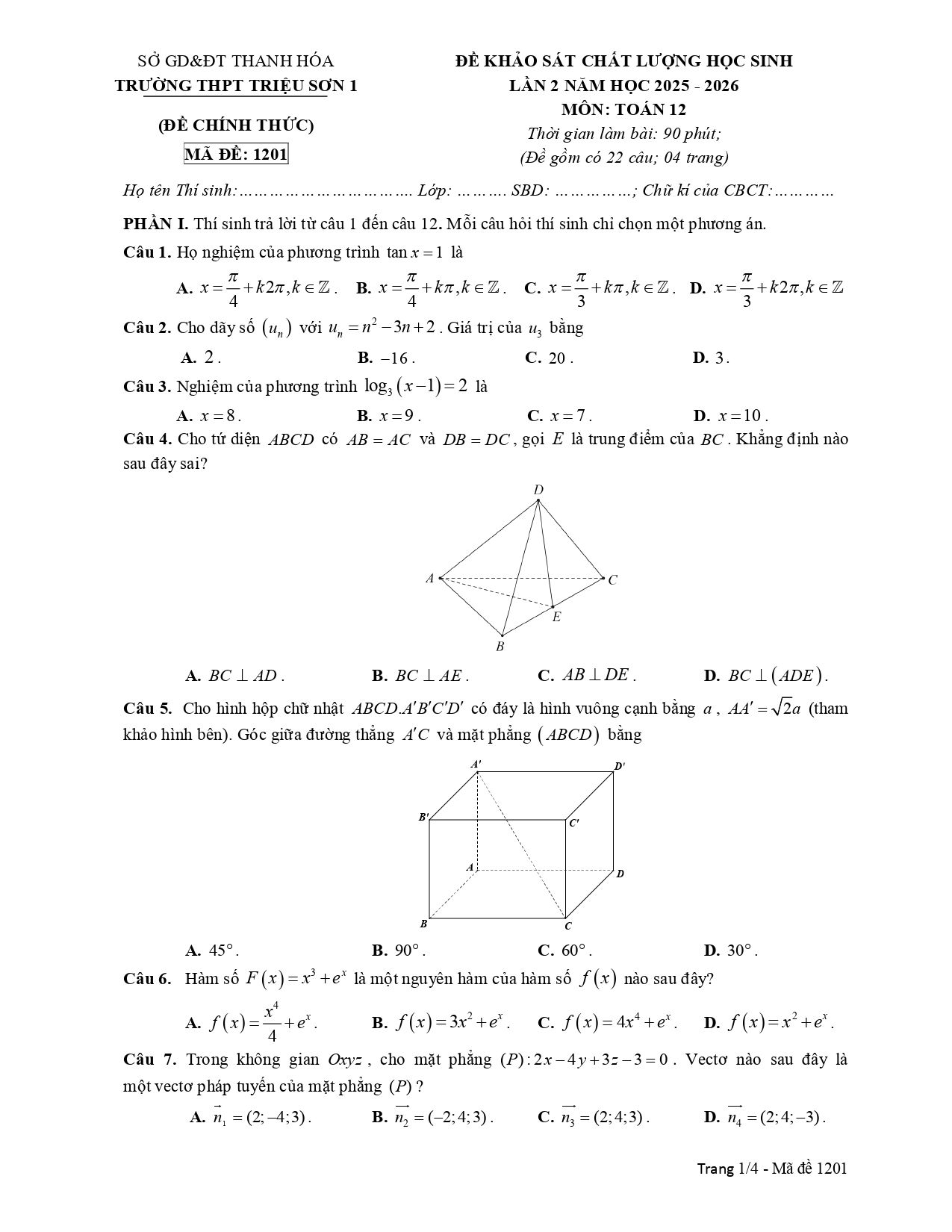 Đề thi thử Tốt nghiệp THPT Toán (lần 2) 2025-2026 trường THPT Triệu Sơn 1 (Thanh Hóa)