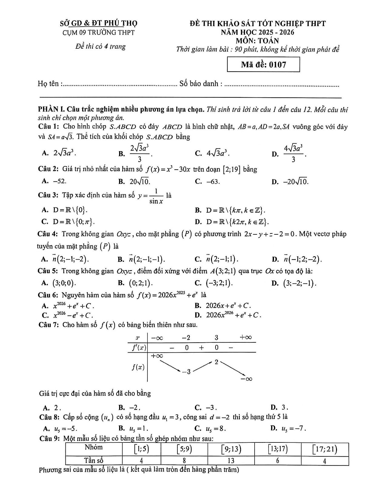 Đề thi thử Tốt nghiệp THPT Toán 2025-2026 cụm 09 trường THPT (Phú Thọ)