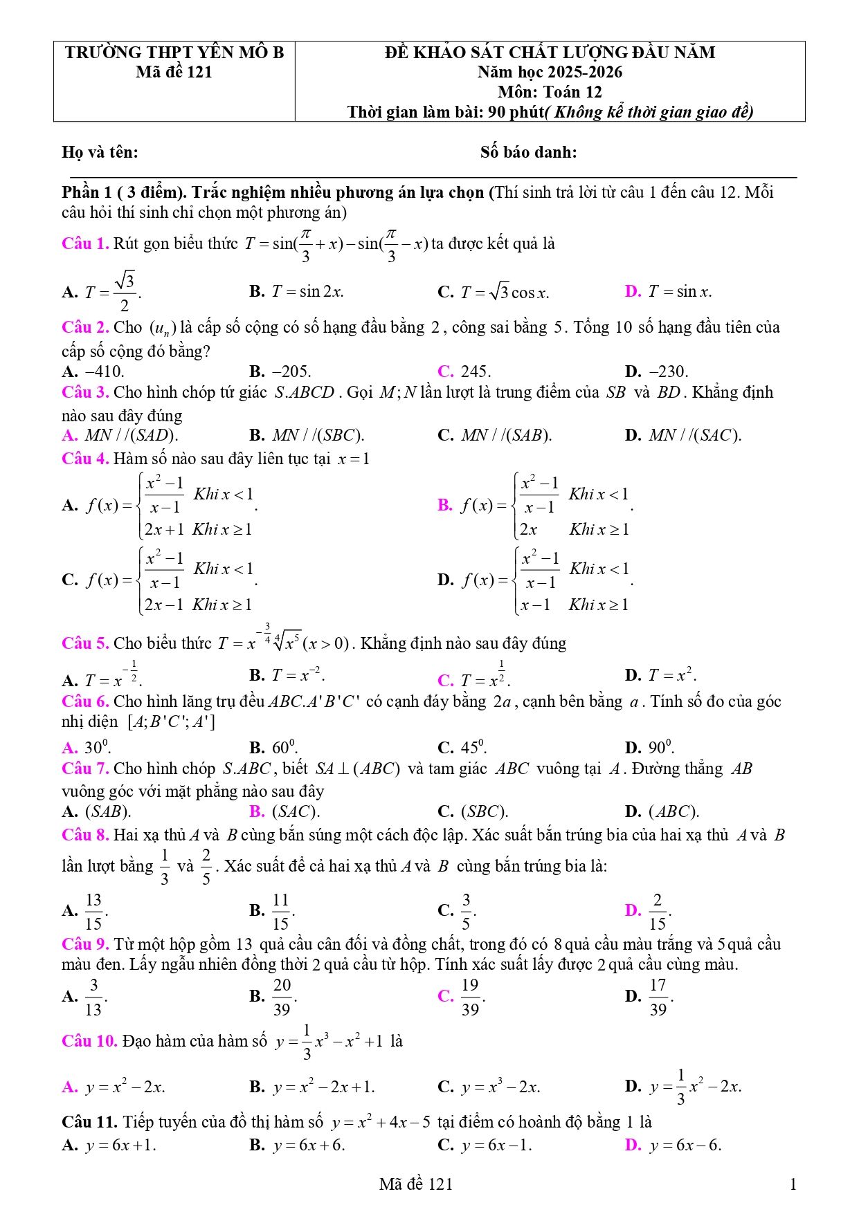 Đề thi thử Tốt nghiệp THPT Toán 2025-2026 trường THPT Yên Mô B (Ninh Bình)