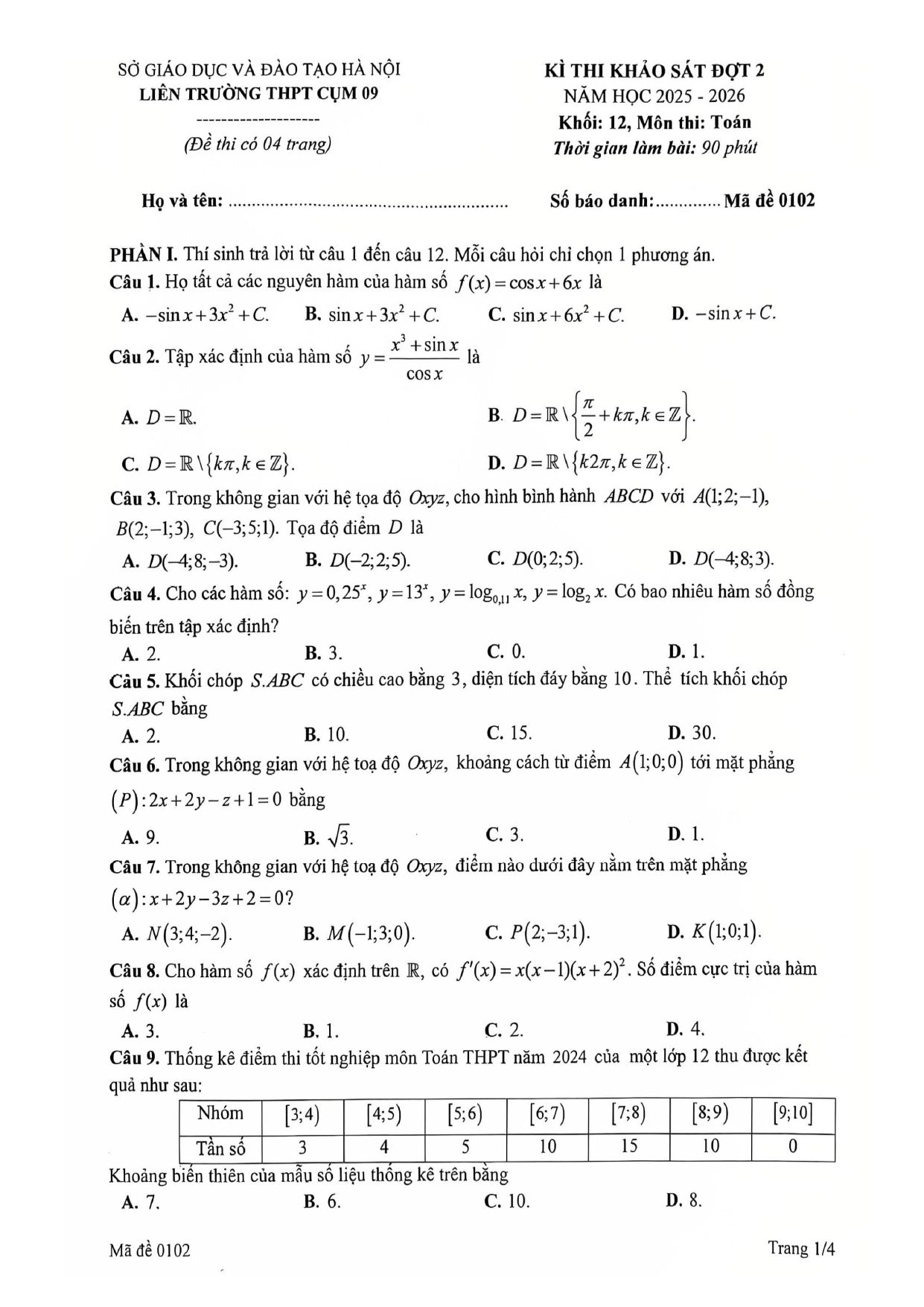 Đề thi thử Tốt nghiệp THPT Toán 2025-2026 iên trường THPT cụm 09 (Hà Nội)