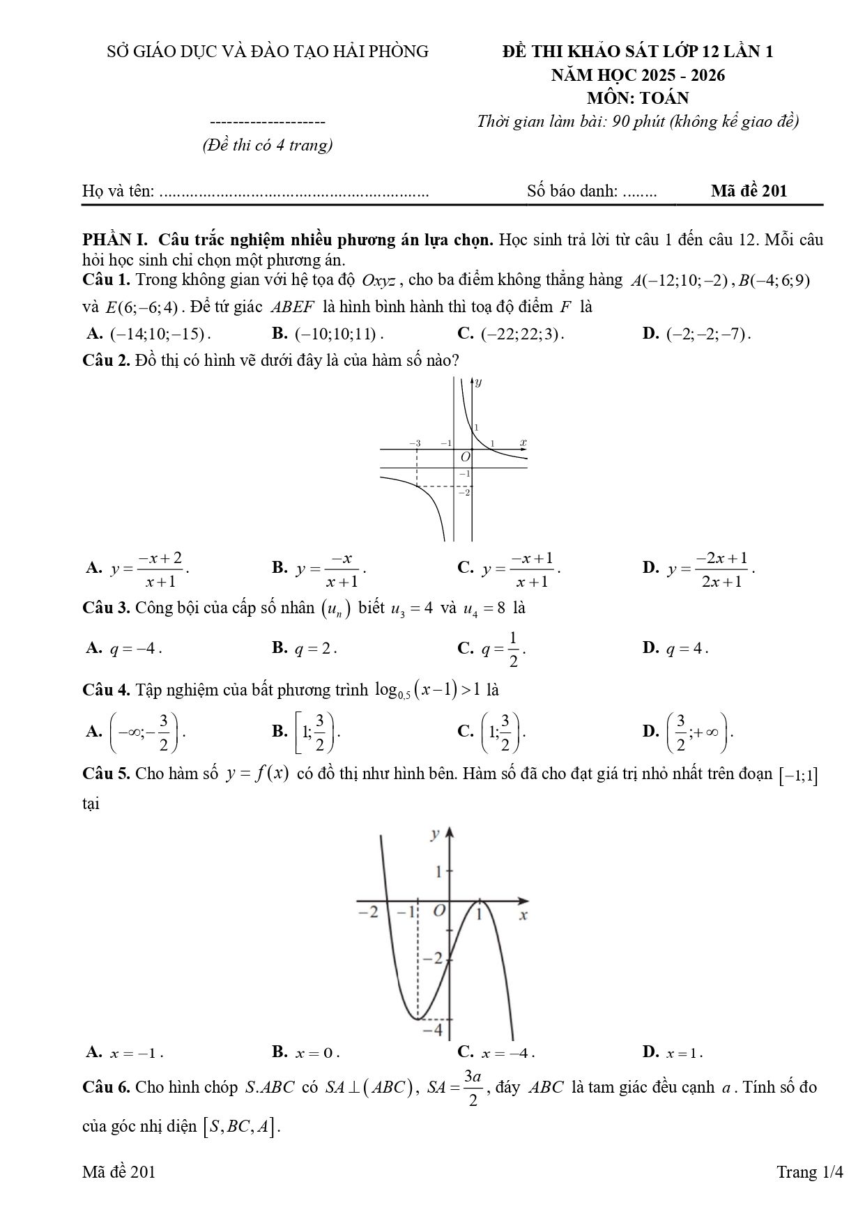 Đề thi thử Tốt nghiệp THPT Toán 2025-2026 liên trường THPT (Hải Phòng)