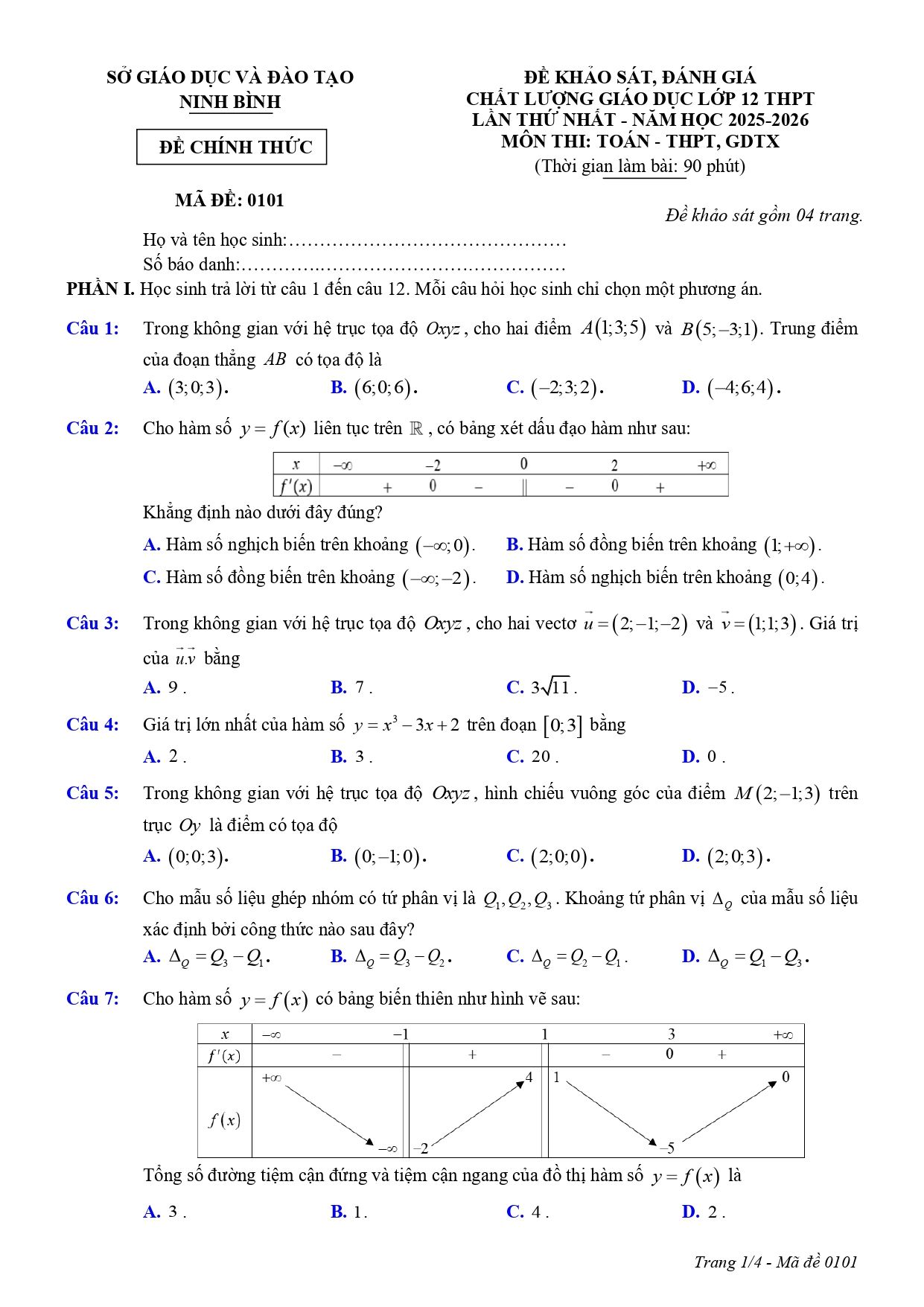 Đề thi thử Tốt nghiệp THPT Toán 2025-2026 sở GD&ĐT Ninh Bình