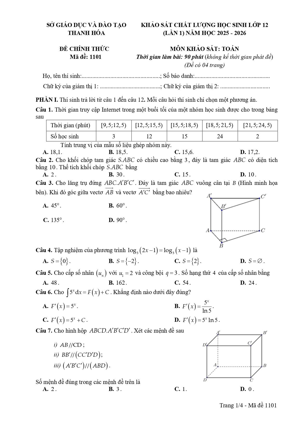 Đề thi thử Tốt nghiệp THPT Toán (lần 1) 2025-2026 sở GD&ĐT Thanh Hóa
