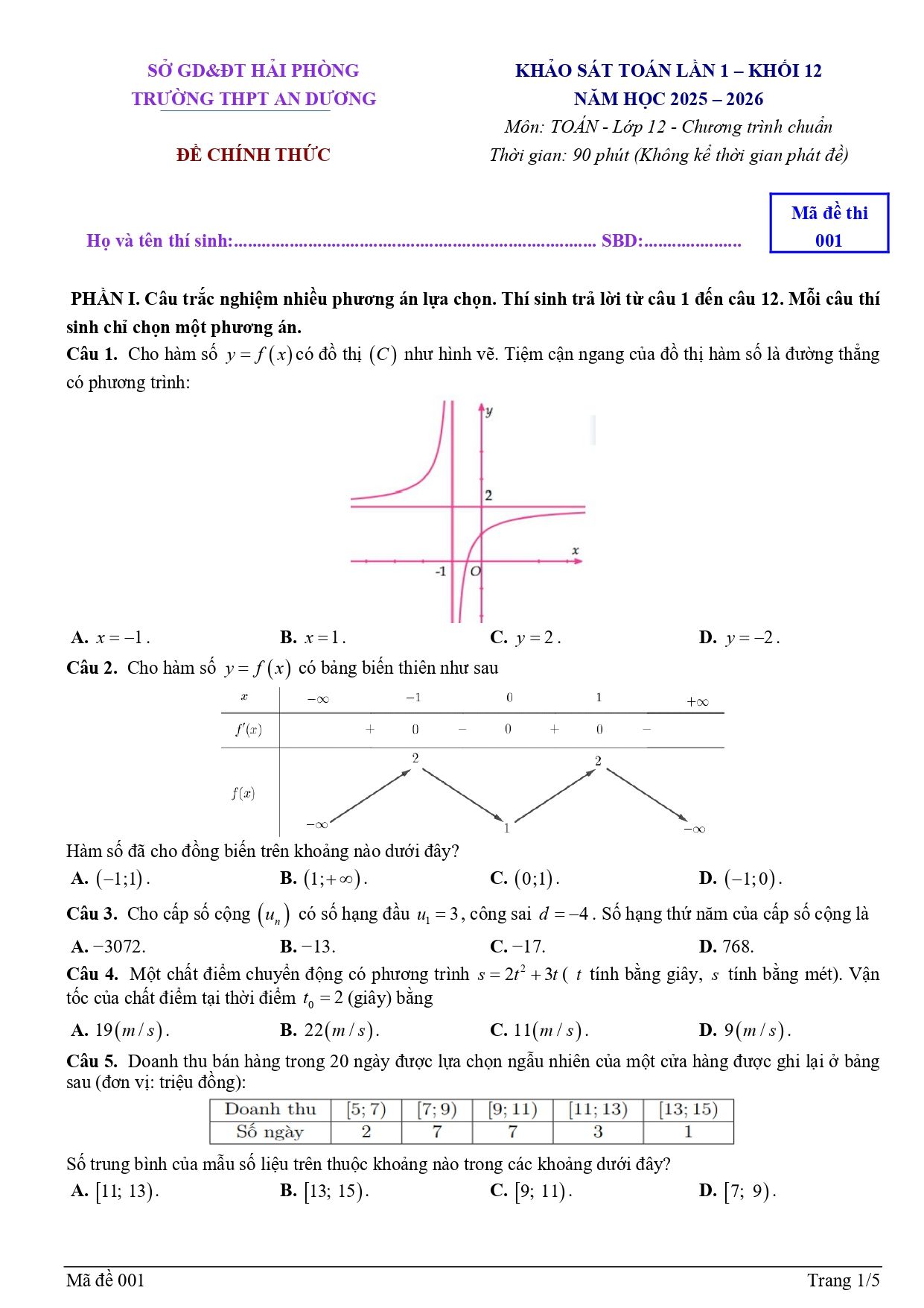 Đề thi thử Tốt nghiệp THPT Toán 2025-2026 trường THPT An Dương (Hải Phòng)