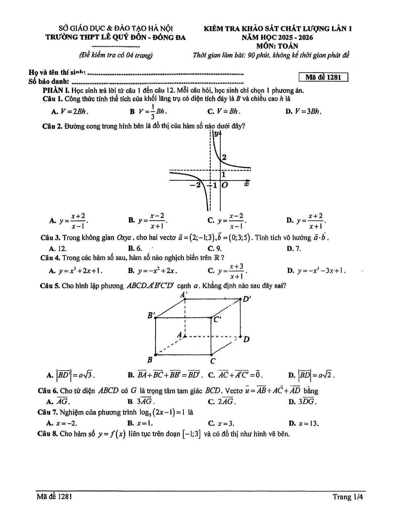 Đề thi thử Tốt nghiệp THPT Toán 2025-2026 trường THPT Lê Quý Đôn (Hà Nội)