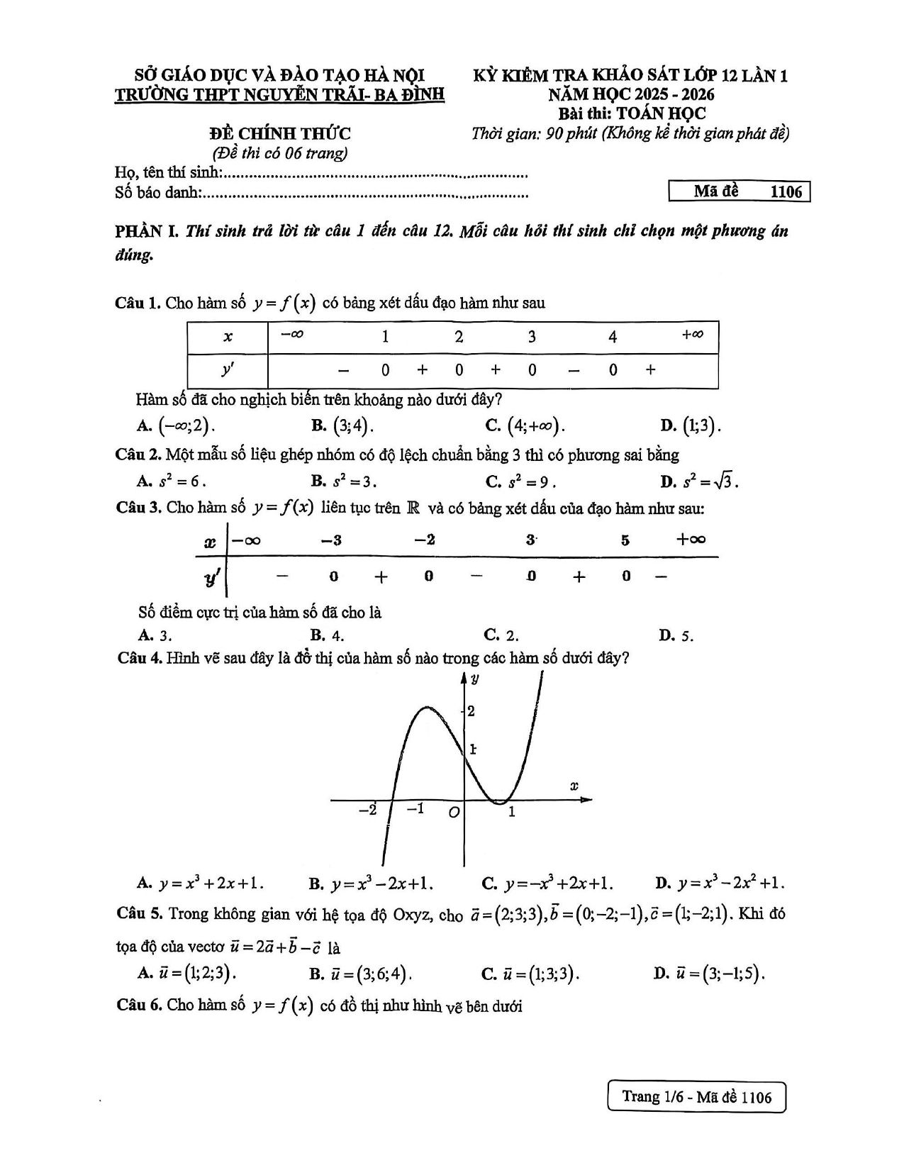 Đề thi thử Tốt nghiệp THPT Toán 2025-2026 trường THPT Nguyễn Trãi (Hà Nội)
