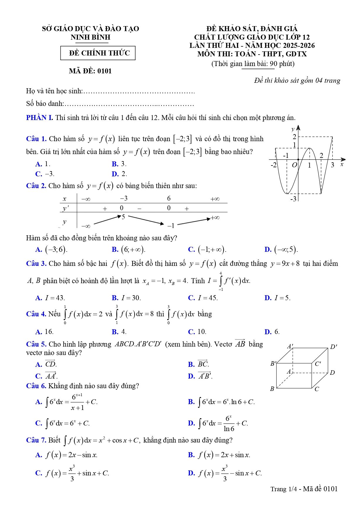 Đề thi thử Tốt nghiệp THPT Toán (lần 2) 2025-2026 sở GD&ĐT Ninh Bình