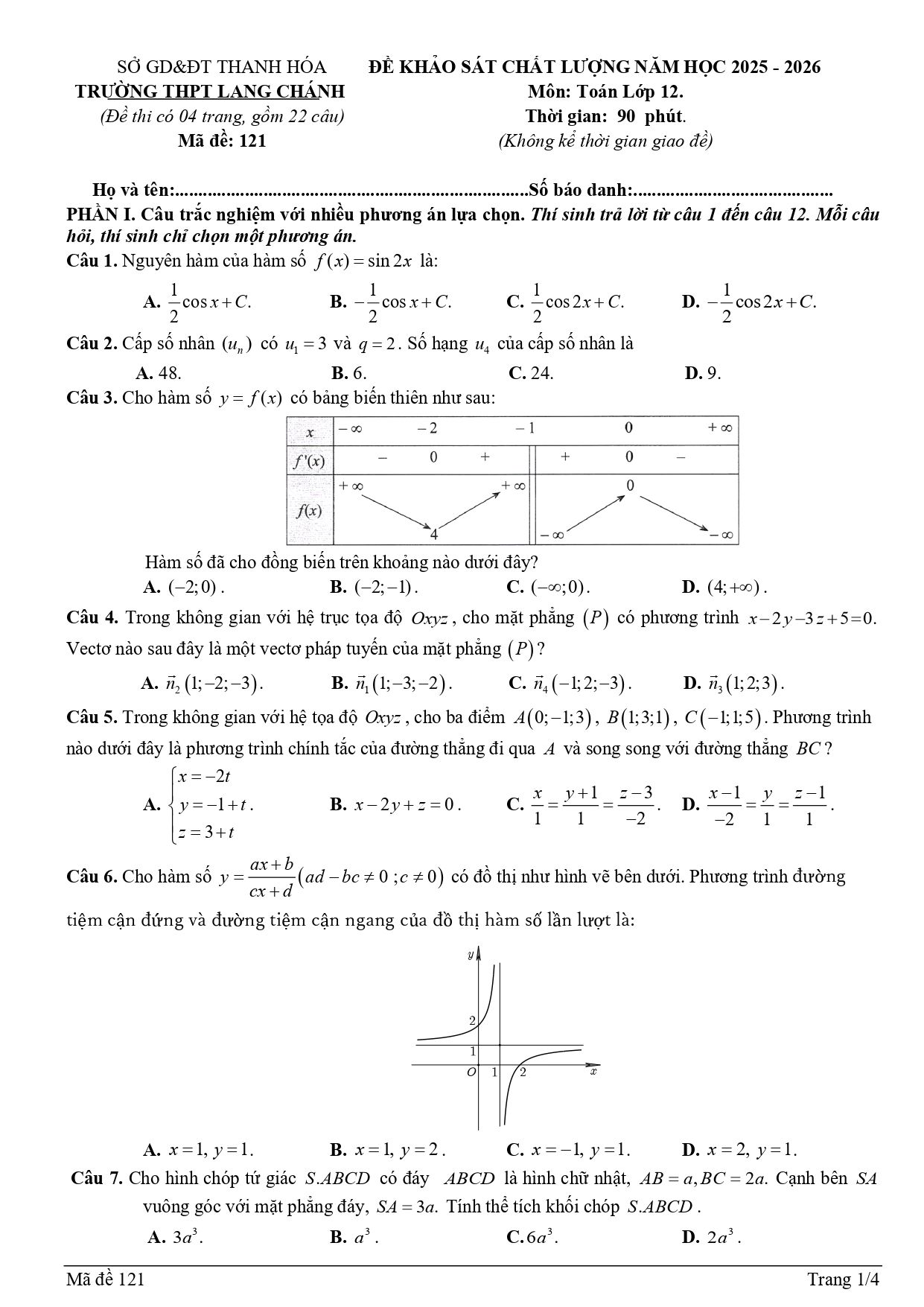 Đề thi thử Tốt nghiệp THPT Toán 2025-2026 trường THPT Lang Chánh (Thanh Hóa)