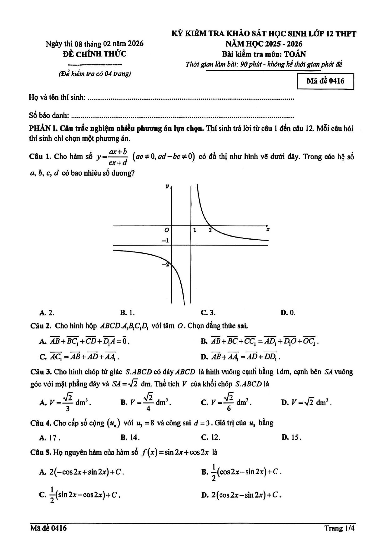 Đề thi thử Tốt nghiệp THPT Toán 2025-2026 trường THPT Trần Nhân Tông (Hà Nội)