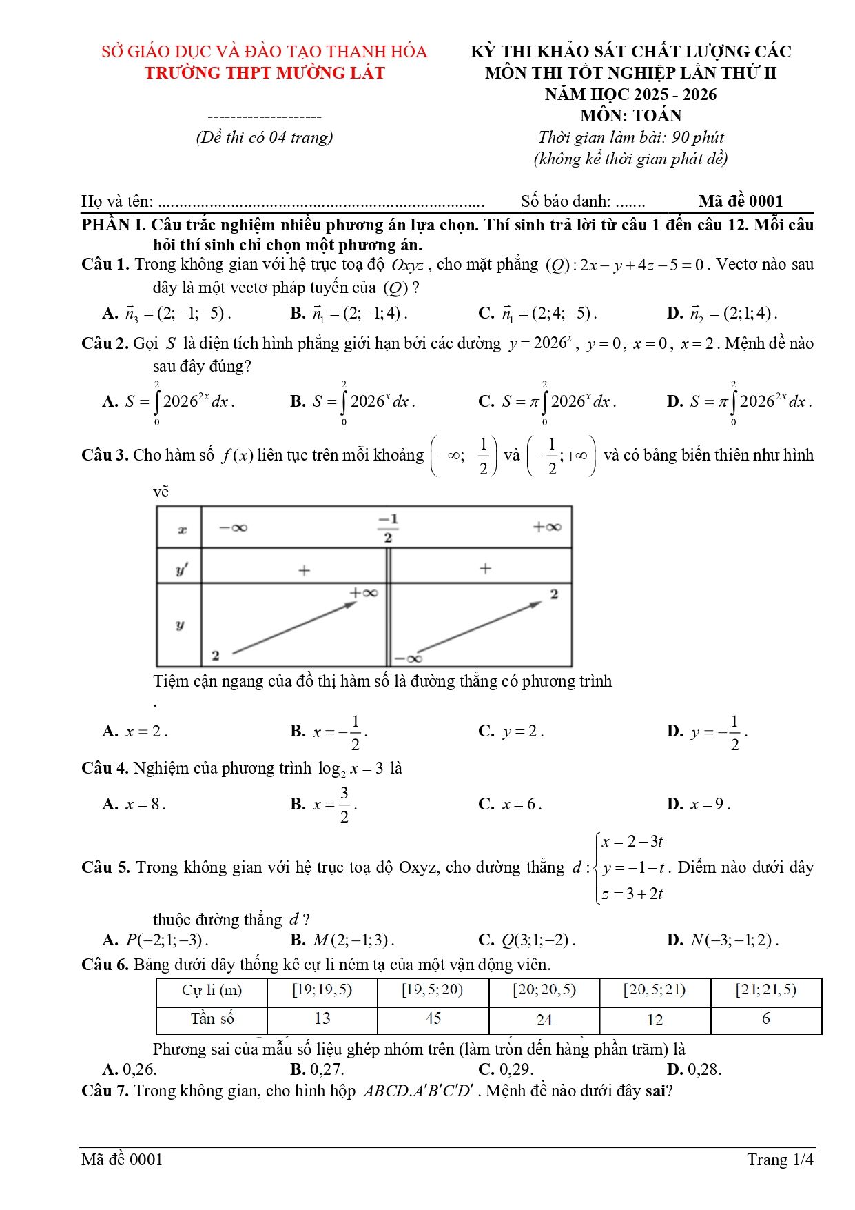 Đề thi thử Tốt nghiệp THPT Toán (lần 2) 2025-2026 trường THPT Mường Lát (Thanh Hóa)